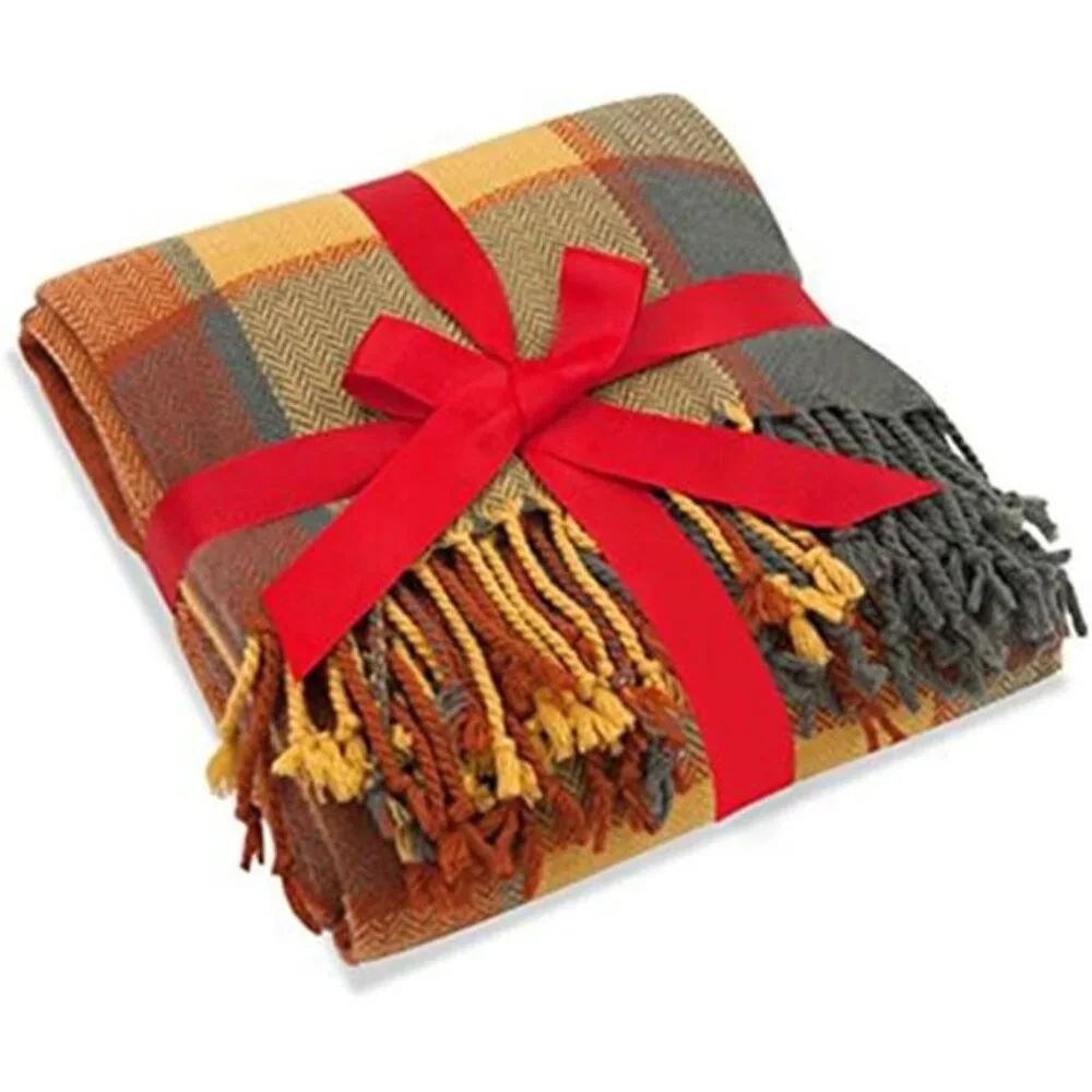 Classic Home Throw Blanket -Reversible Acrylic, Cozy Plaid Fringe, 50x67, Pumpkn